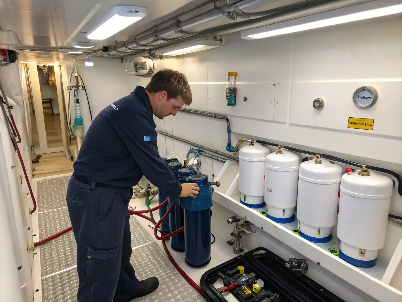 An image of a yacht's water maker system being serviced, highlighting the importance of clean and reliable water supply on board.