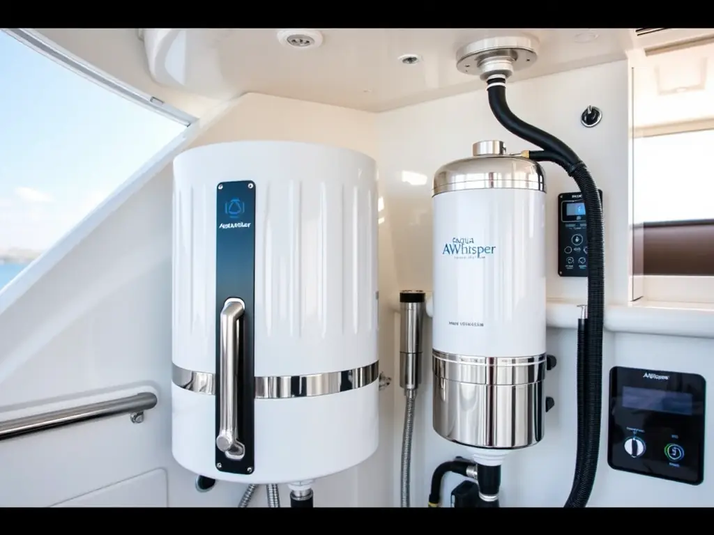 A high-quality image showcasing an Aqua Whisper water maker installed on a yacht, highlighting its sleek design and functionality.