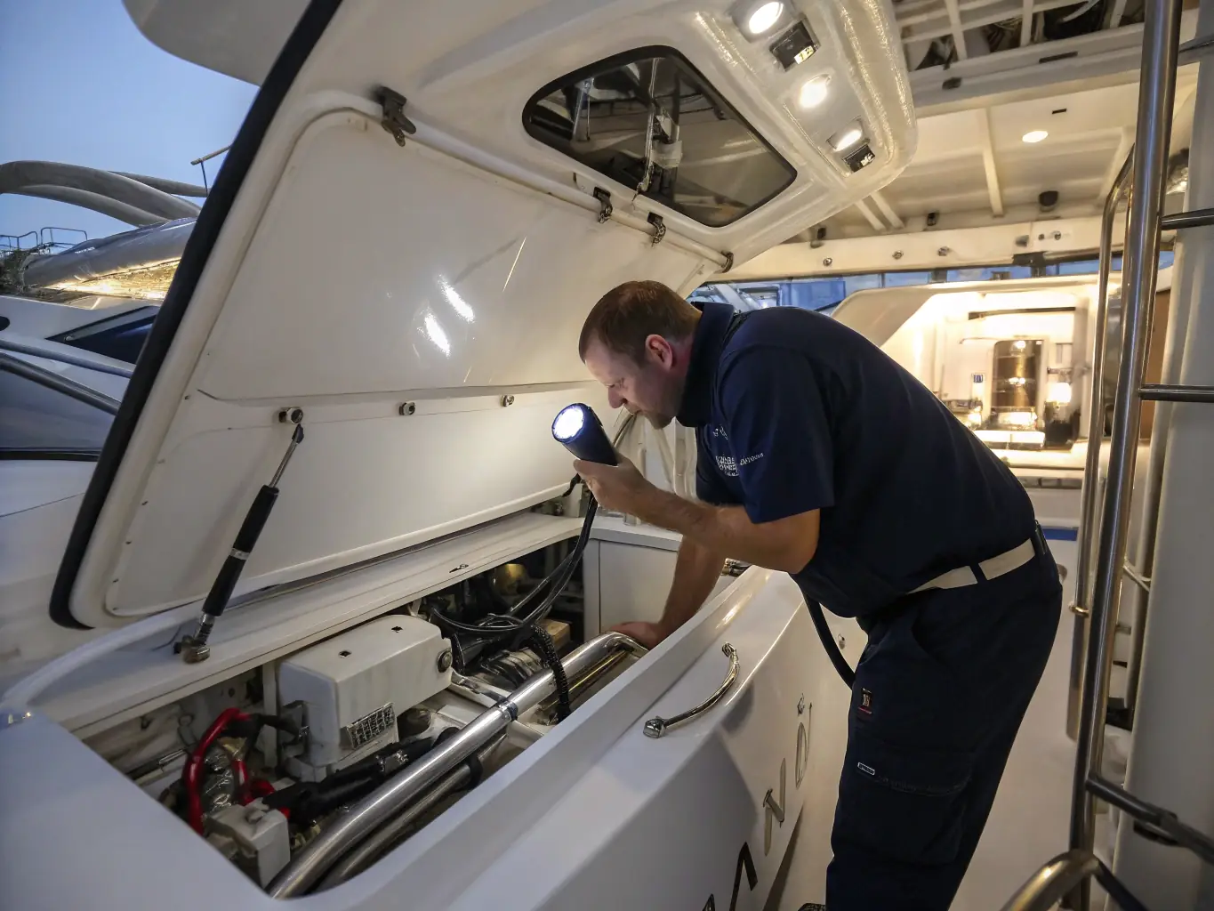 An image showcasing a technician performing maintenance on a yacht's hydraulic system, ensuring optimal performance and reliability.