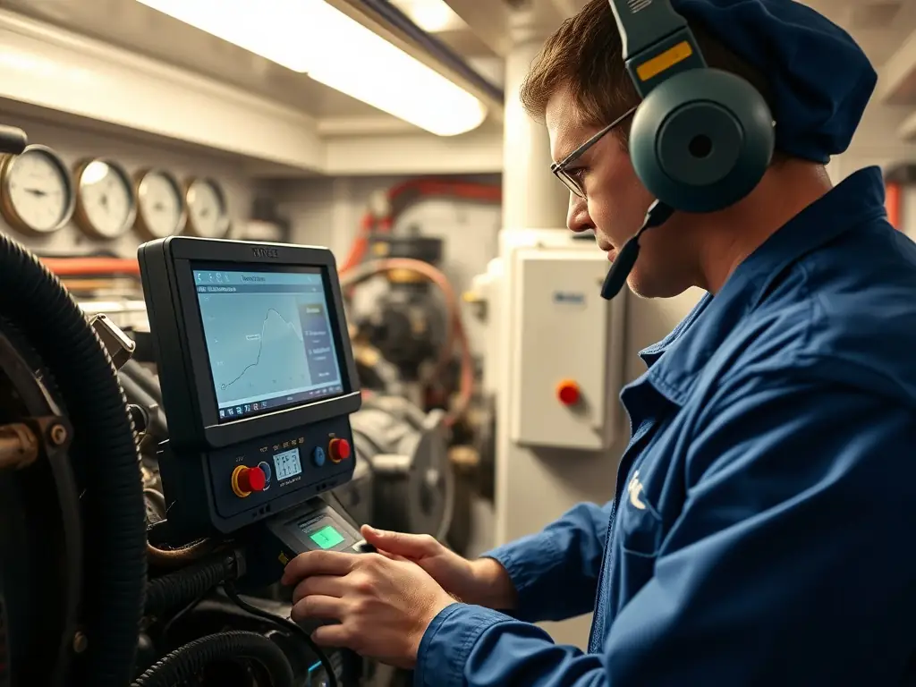 An image of a YachtServ technician using diagnostic equipment to assess the performance of a yacht's engine, with a focus on precision and expertise.