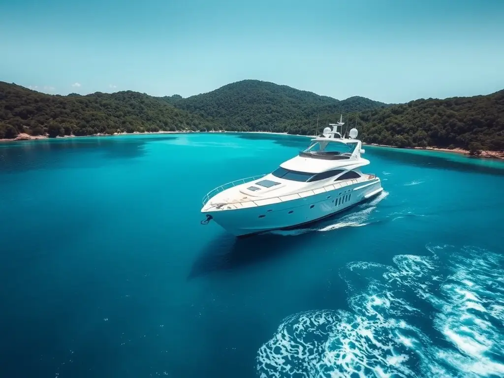 A majestic Westport yacht anchored in a tranquil bay, emphasizing its spacious layout and luxurious amenities. The image should convey a sense of relaxation and exclusivity.