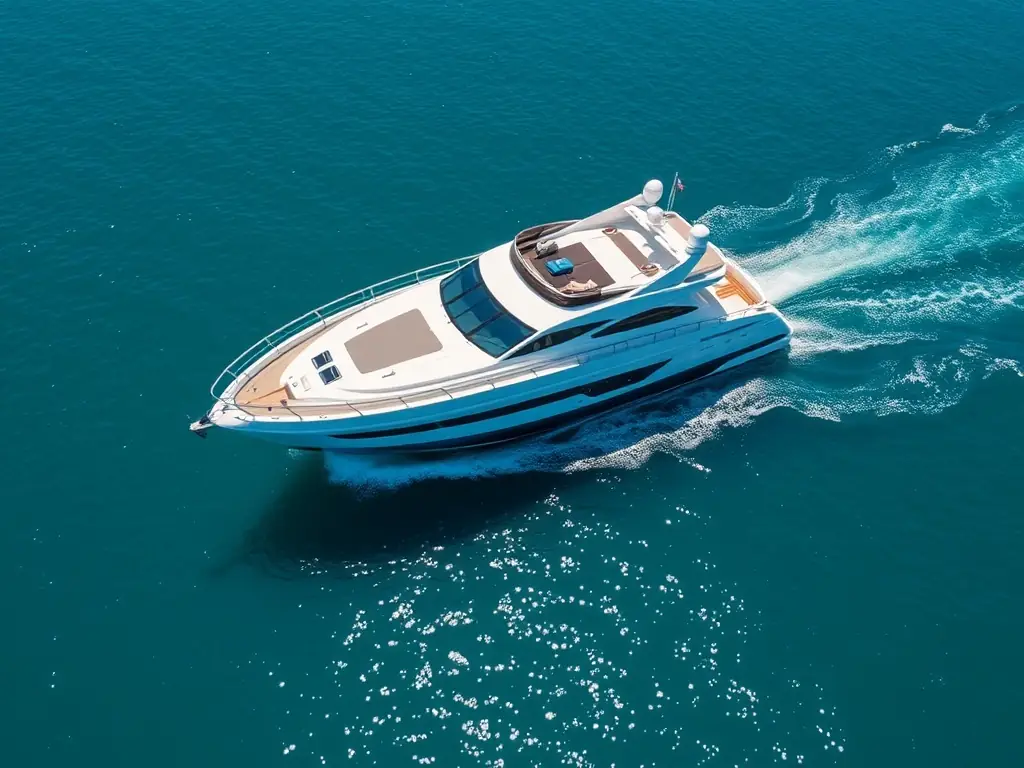 A luxurious Hatteras yacht at sea, showcasing its sleek design and powerful performance. The image should convey a sense of adventure and sophistication.
